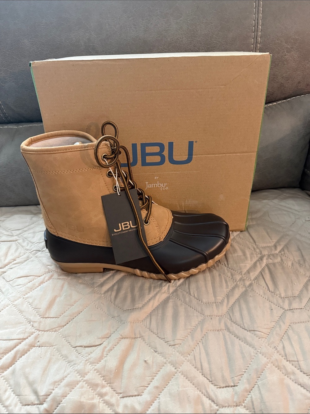 JBU Two-Tone Waterproof Duck Boots in Tan and Dark Brown